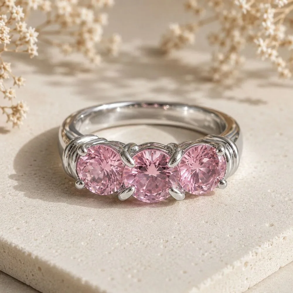 Pink Three Stone Ring, Silver Tone Trilogy Ring, Pink Statement Jewelry